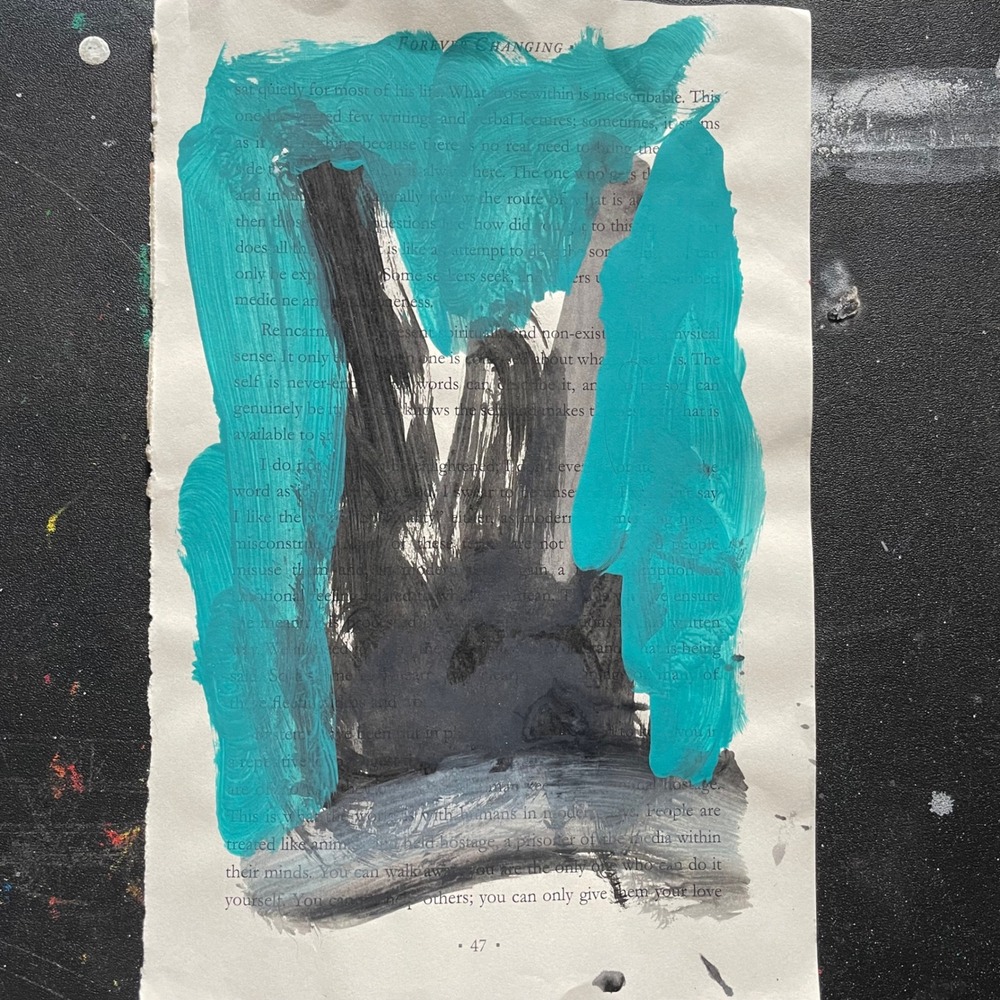 Abstract Mixed Media Painting on Book Page Teal and Black 9x6 Original Art